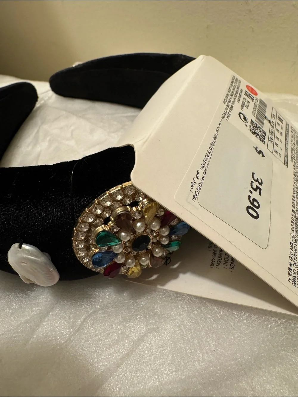 NWT Vintage Zara black velvet headband with pearl and gemstone embellishments